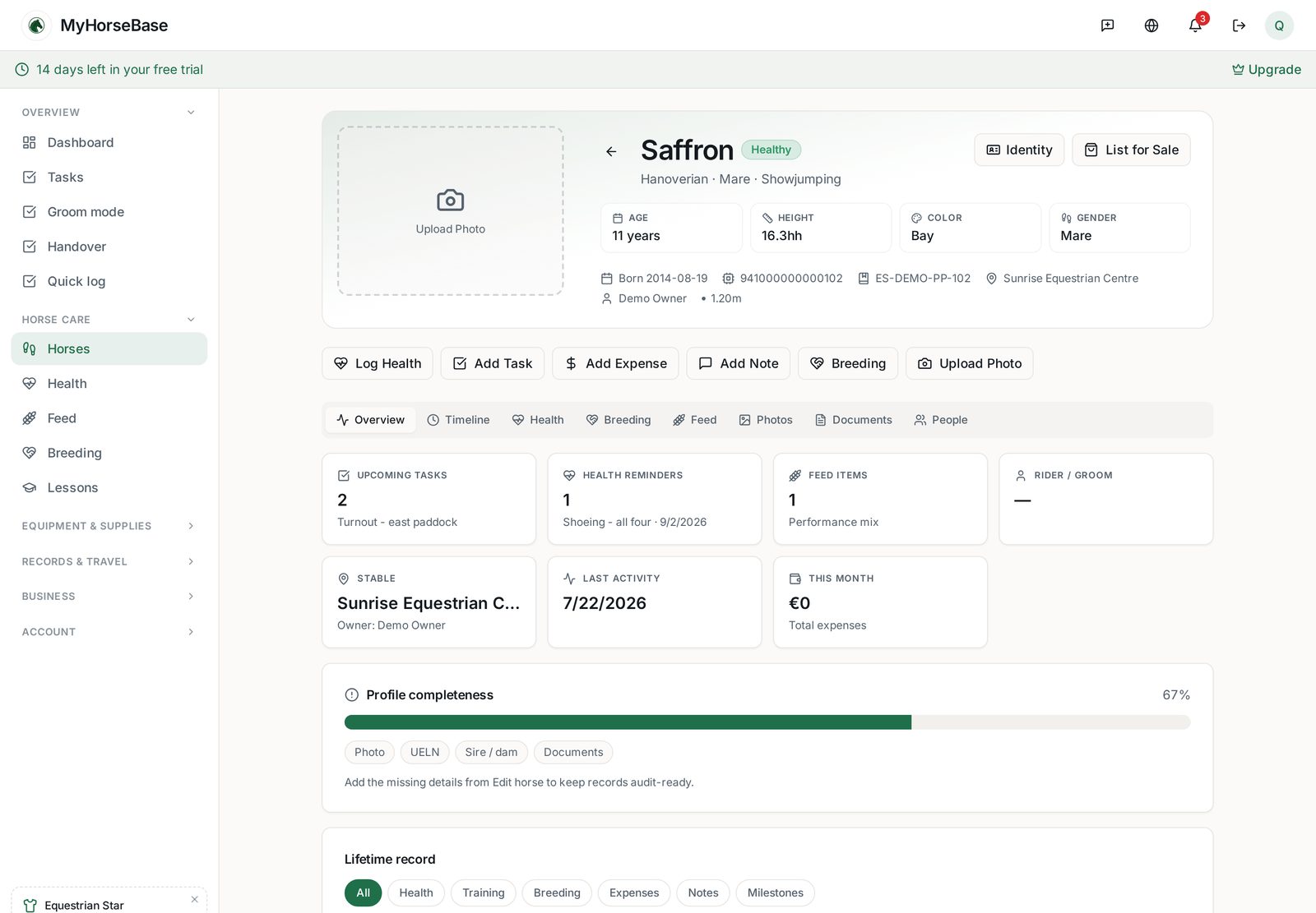 Horse profile with a full health and care timeline in MyHorseBase