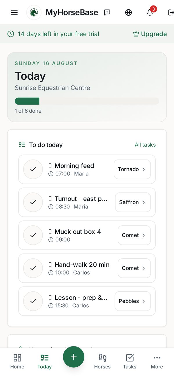 Mobile daily stable task list in MyHorseBase