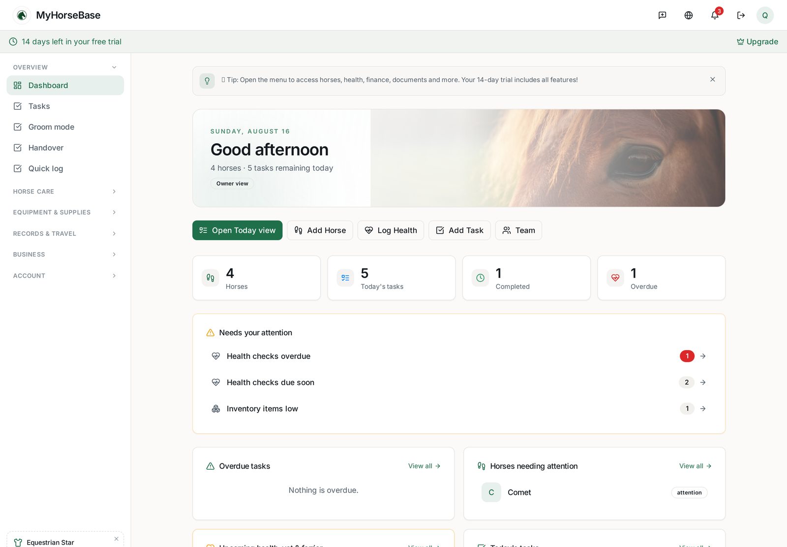 MyHorseBase stable management dashboard showing horses, tasks and due dates
